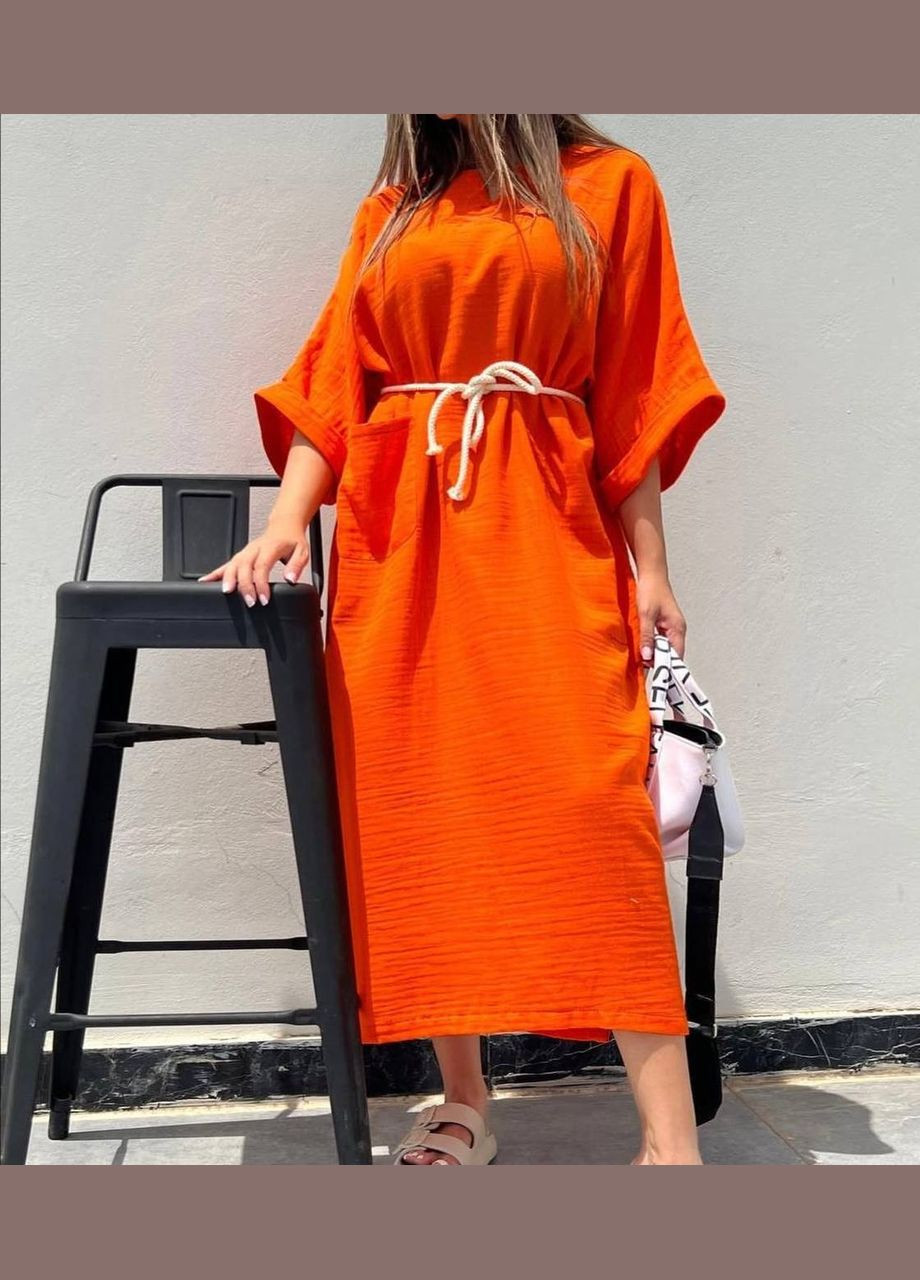 Помаранчева оверсайз сукня помаранчевого кольору з канатом у комплекті, приємна до тіла сукня на кожен день No Brand однотонна