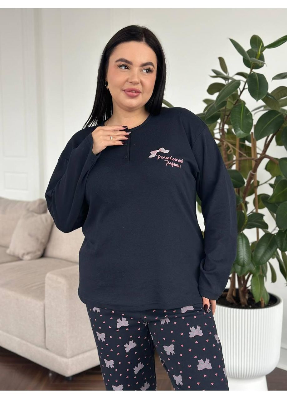 Синя жіноча піжама plus size синя з принтом котиків і сердечок / піжама жіноча великих розмірів темно-синя трикотажна No Brand