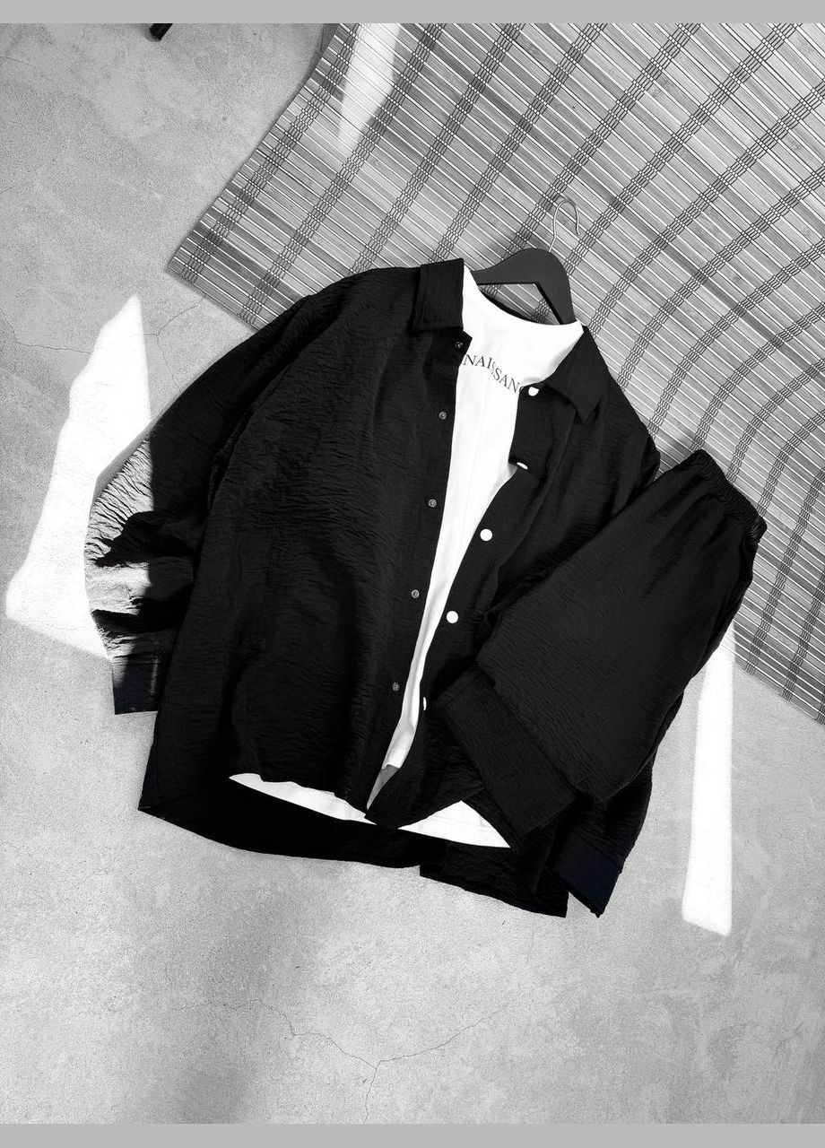 Чорний літній костюм: штани та сорочка з легкого дихаючого матеріалу з сорочкою, брючний Україна