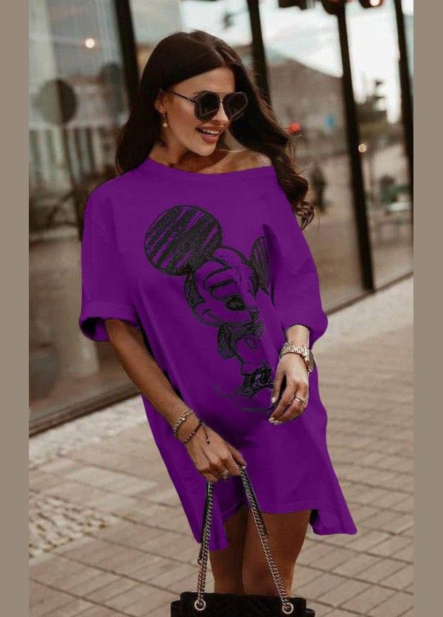 Фиолетовое платье-туника оверсайз с качественным накатом. Україна с рисунком