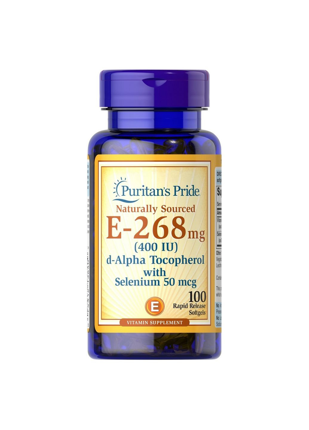 Витамины и минералы Vitamin E 400 IU (268 mg) with Selenium Naturally Sourced, 100 капсул Puritans Pride (295899047)