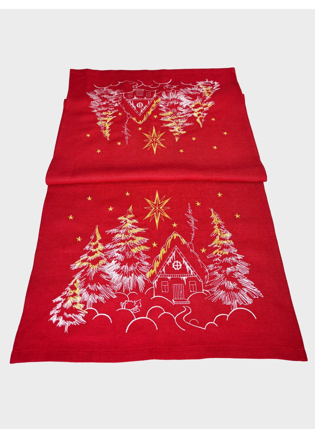 Новорічний ранер з льону з вишитими ялинками та хатою Казкове сяйво., р., код 12-10/356/1330 ГАЛЕРЕЯ ЛЬОНУ (365250636)