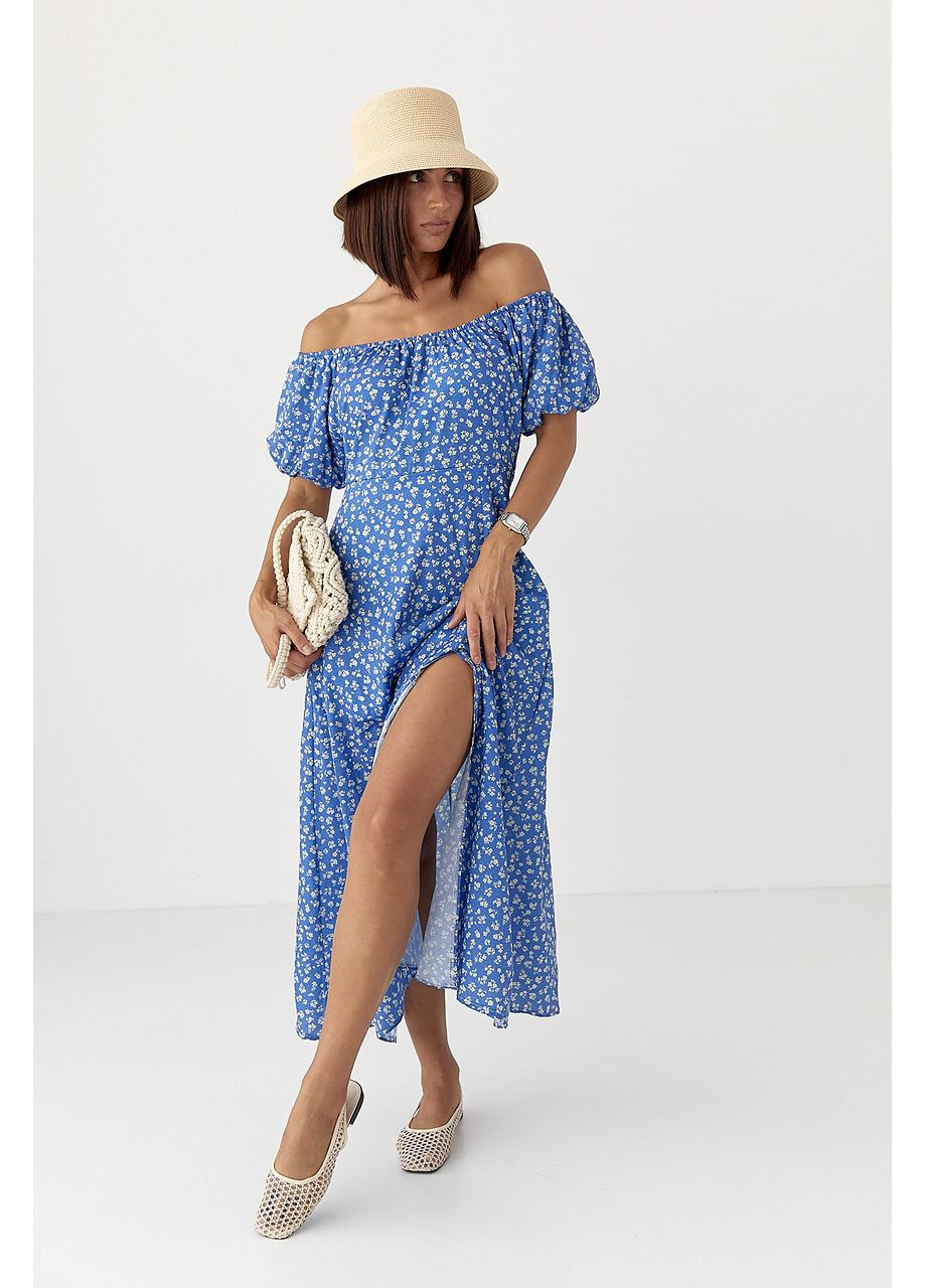 Синя відвертий квіткова сукня з рукавами-ліхтариками - салатовий колір Lurex