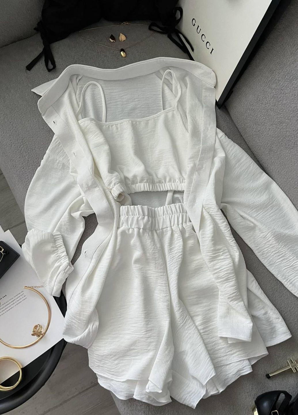 Изысканный легкий летний повседневный костюм тройка: рубашка+топ+шорты Allthings (344448125)