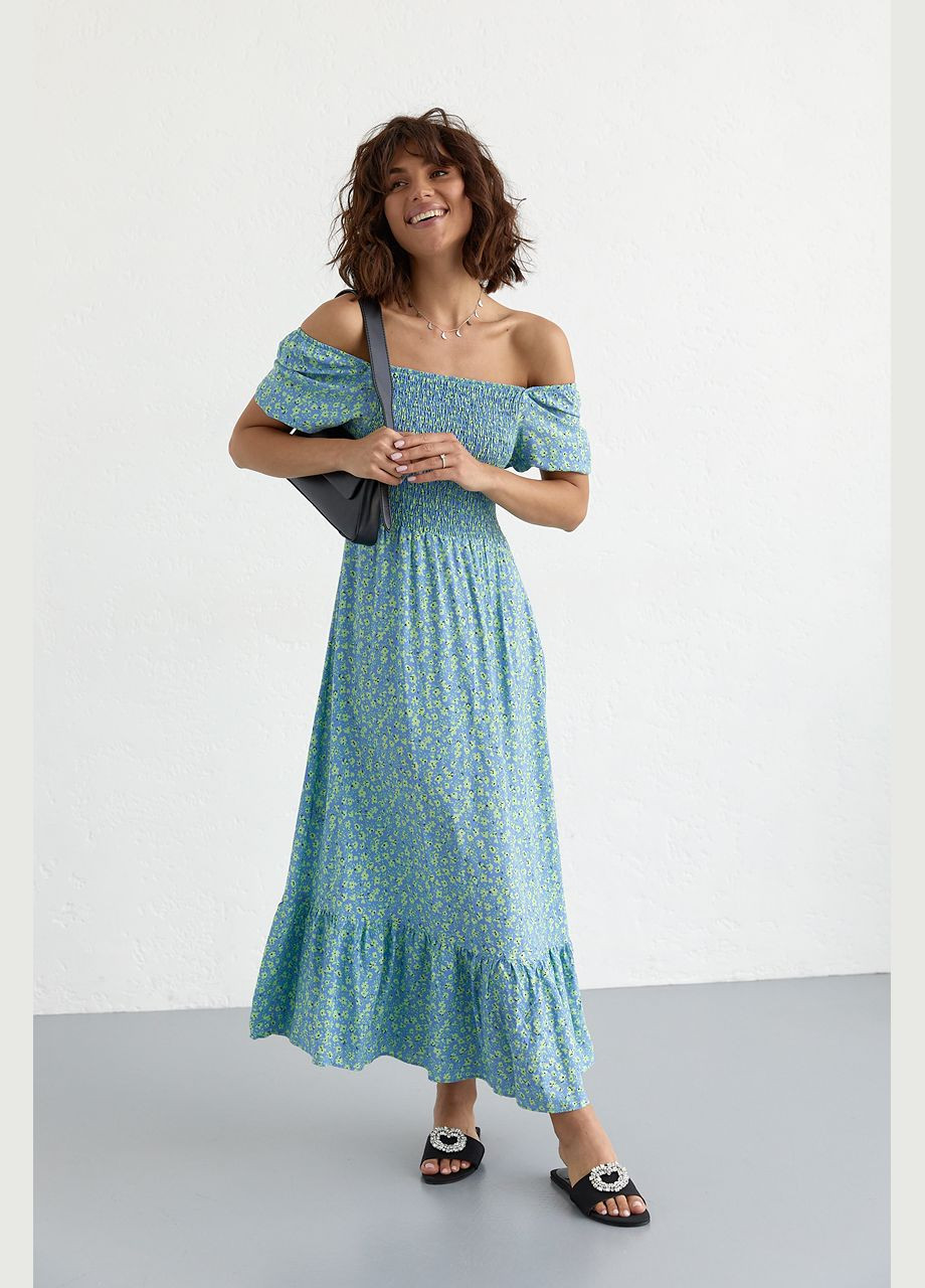 Синя повсякденний жіноча довга сукня з еластичним поясом 5554 Lurex з квітковим принтом