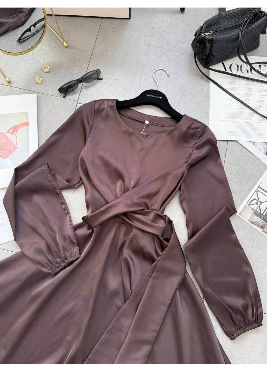 Коричневое повседневный, вечернее, кэжуал женское платье на запах No Brand однотонное