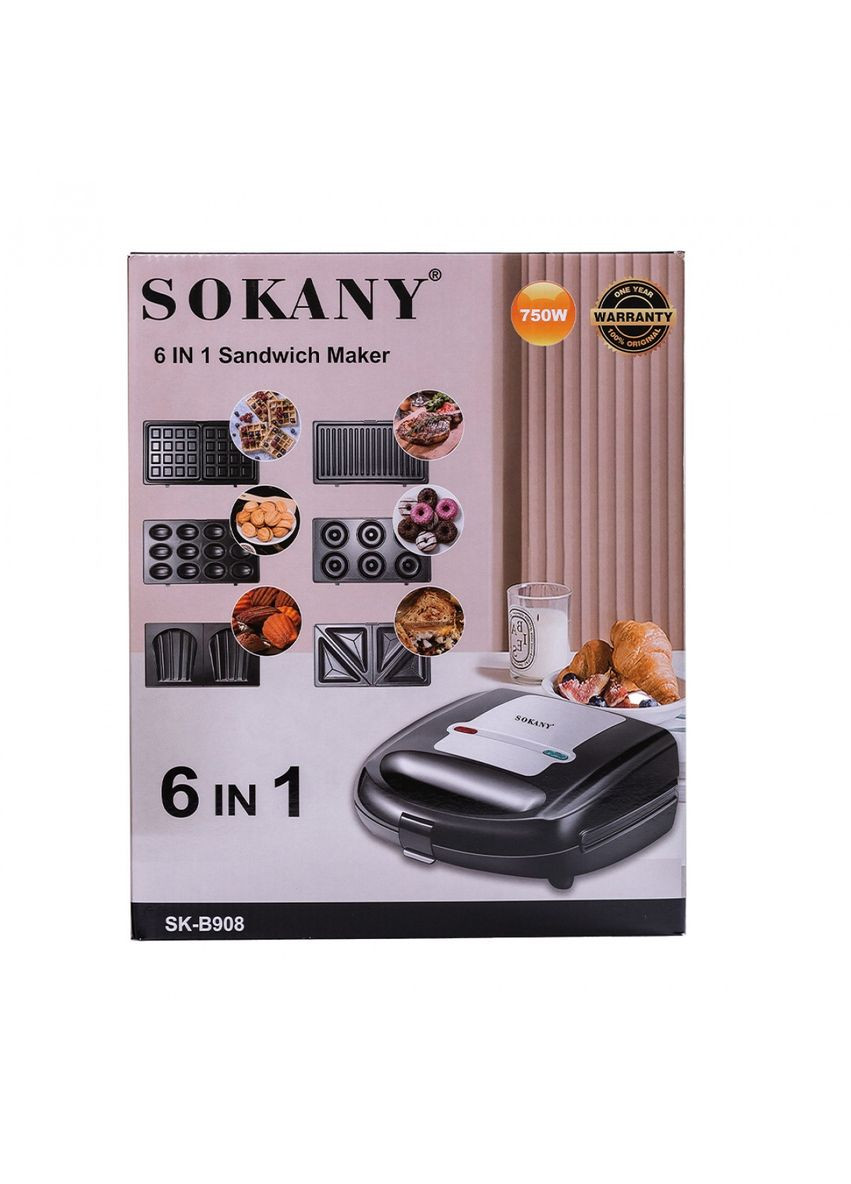 Мультипекарь гриль на 6 пластин SK-B908 на 6 пластин 750 Вт с антипригарным покрытием Sokany (290187084)