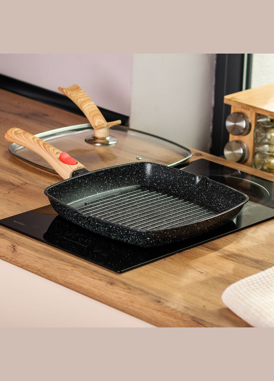 Алюминиевая сковорода-гриль 28 см со стеклянной крышкой, квадратная, черная HP-4-462B MGC (353504611)