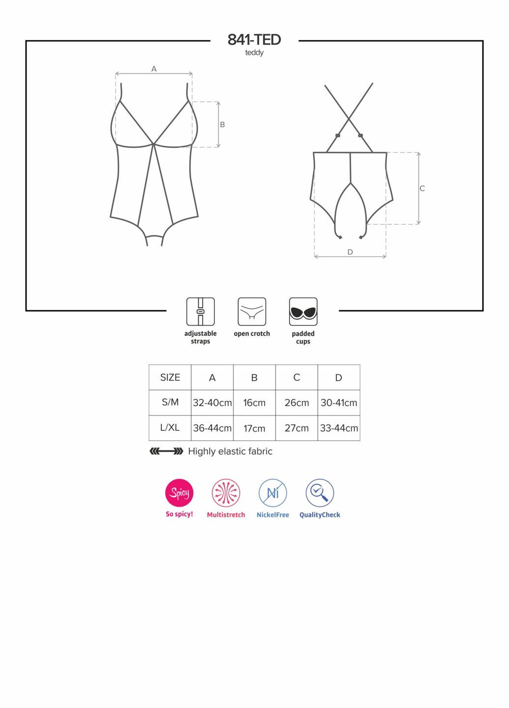 Сітчастий боді з відкритими сідницями 841-TED-1 teddy S/M, чорний Obsessive (358890717)