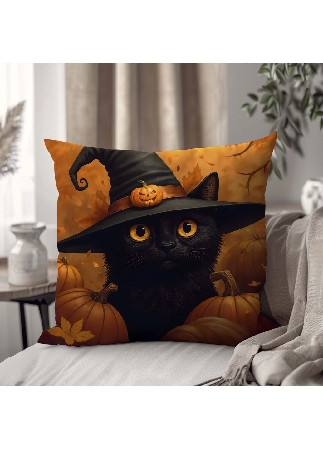 Подушка з принтом «Кішка у капелюсі відьми», Гелловін 45×45 см 1322945UA WONKEY (362732378)