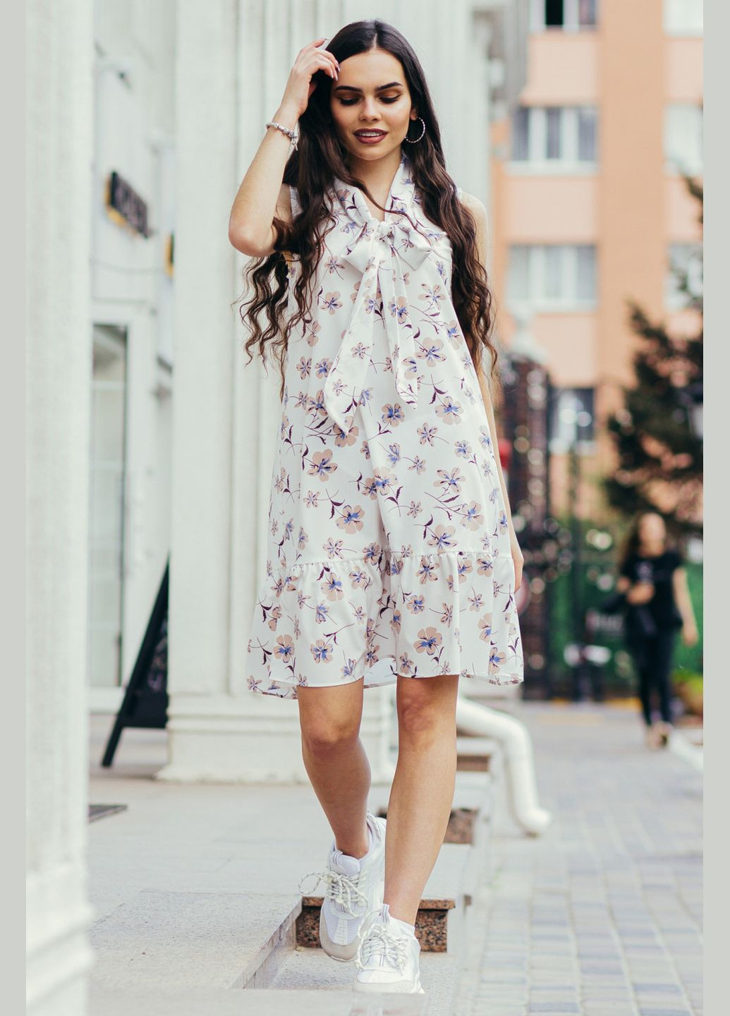 Белое повседневный платье с бантом и воланом (ll196415600) LadyLike