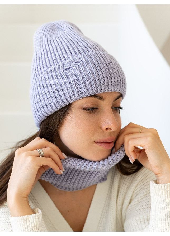 Жіноча в’язана шапка і хомут набір 1 вовна 20% з відворотом Блакитний No Brand (361309626)