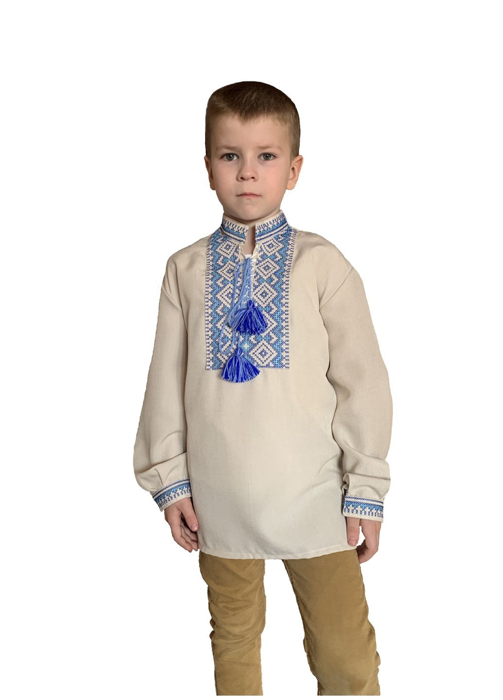 Бежевая детская вышиванка для мальчика скрипка голубая в цвете беж НоКо узор орнамент габардин (322404179)