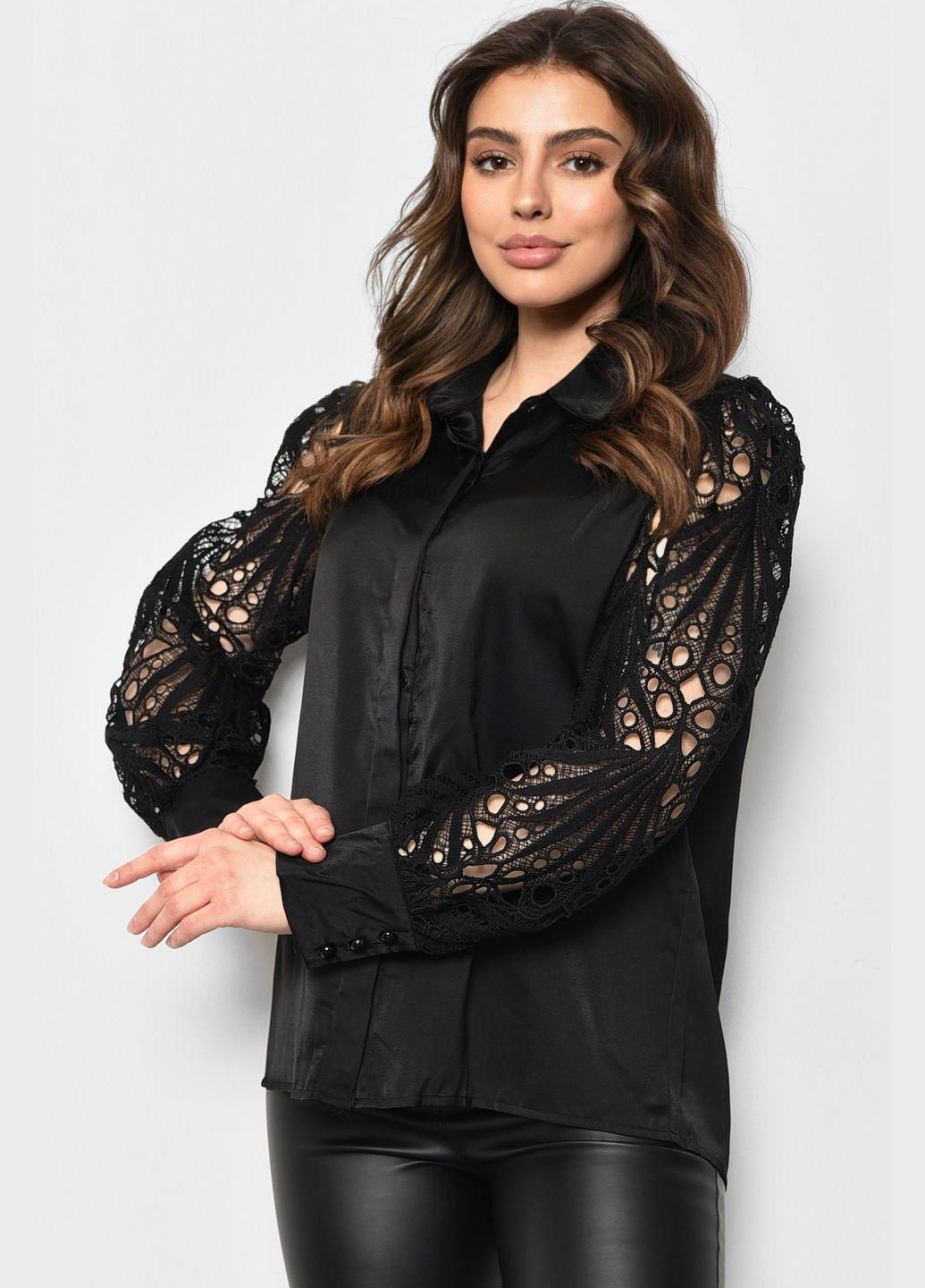 Черная демисезонная блуза женская однотонная черного цвета с баской Let's Shop