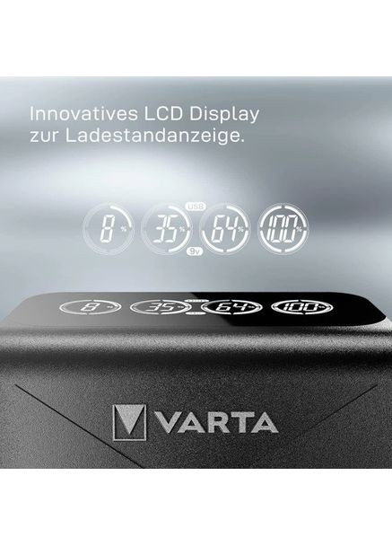 Зарядний пристрій LCD PLUG CHARGER + 4AA 2100mAh (1/4, AA:450mAh/AAA:200mAh/9V:34mAh) Varta (370258740)