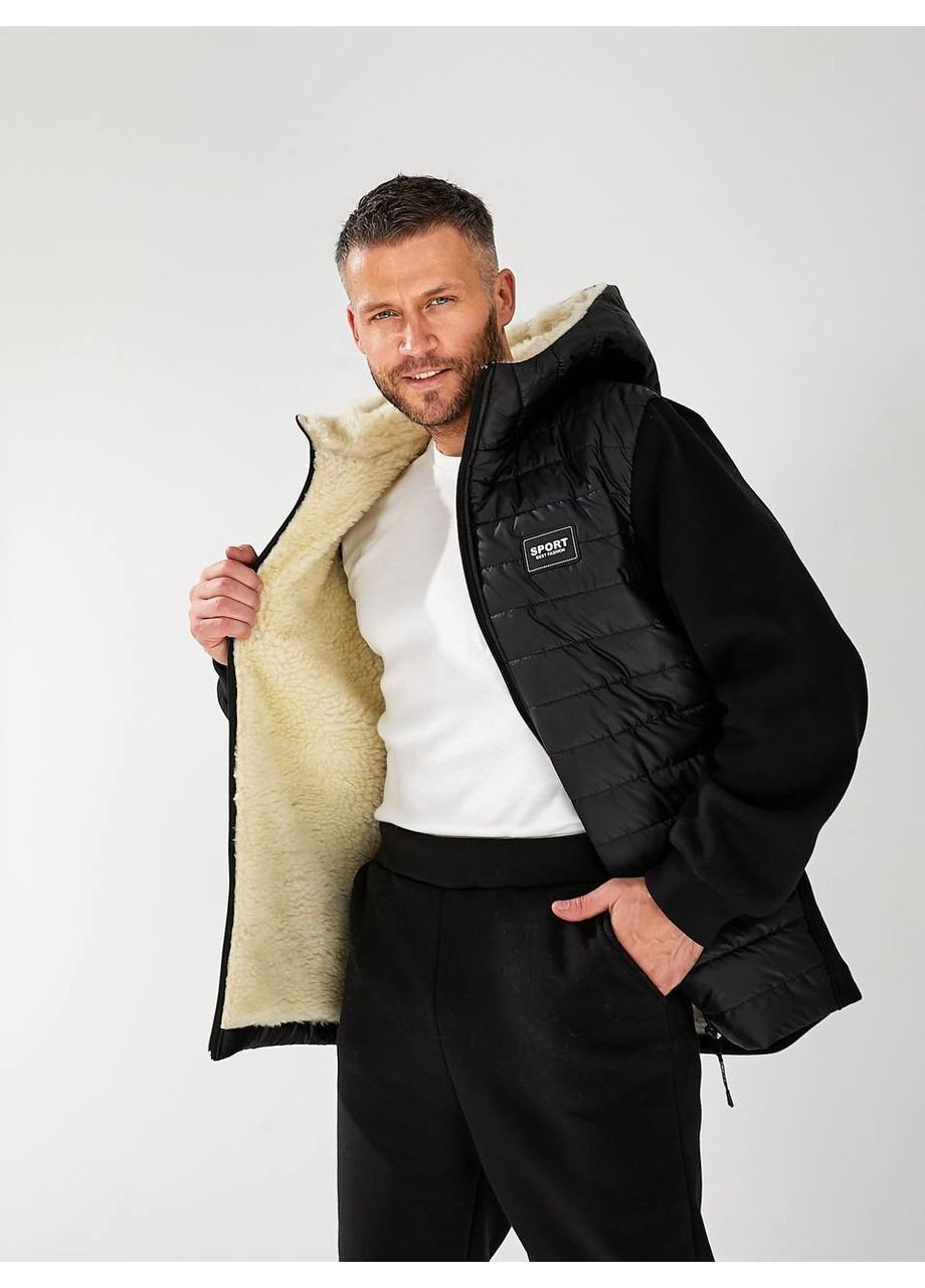 Чорний зимній чоловічий теплий костюм з хутряною підкладкою та стьобаними вставками брючний No Brand