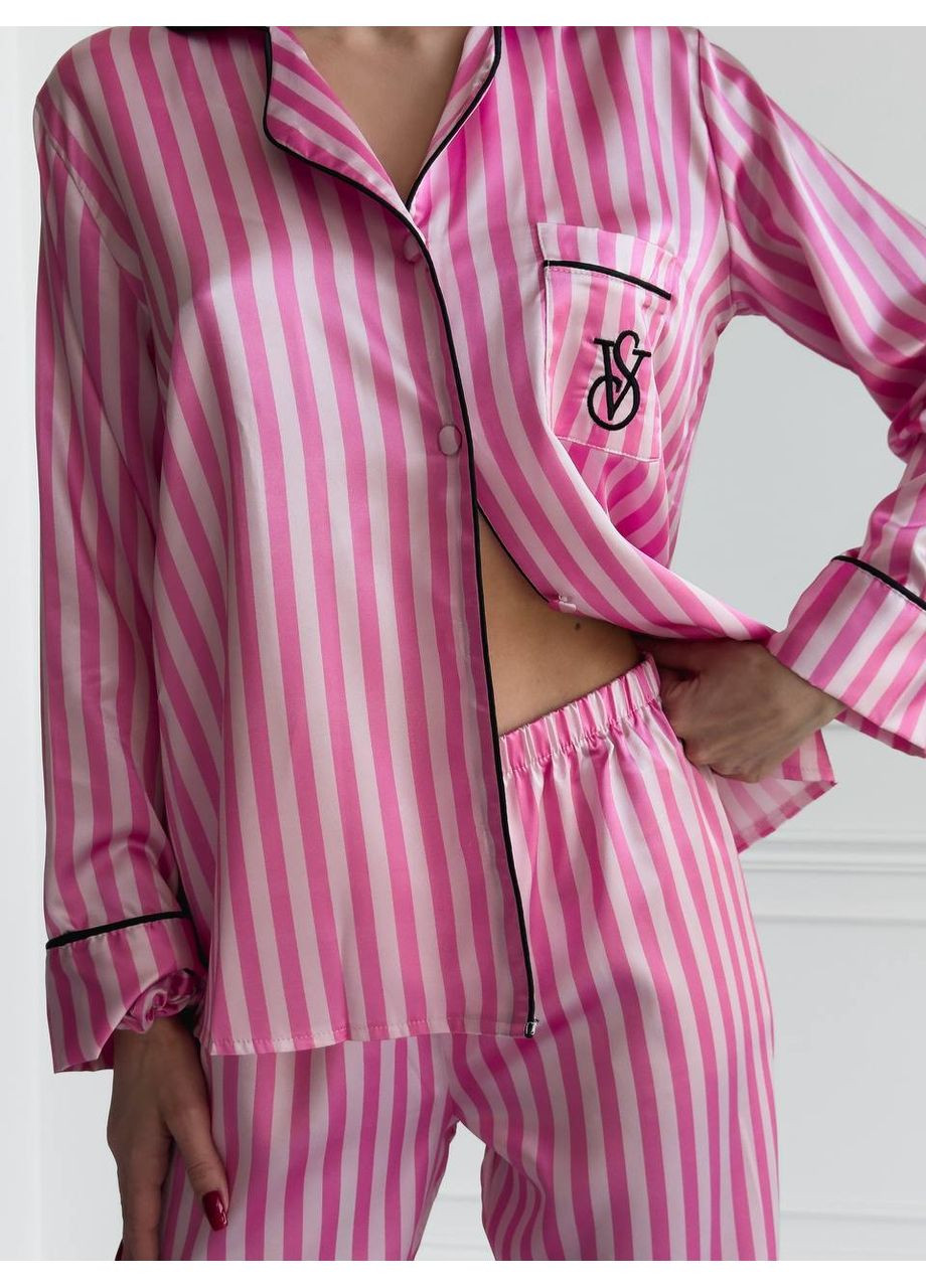 Рожева всесезон жіноча сатинова піжама з лого vs сорочка + брюки Vakko