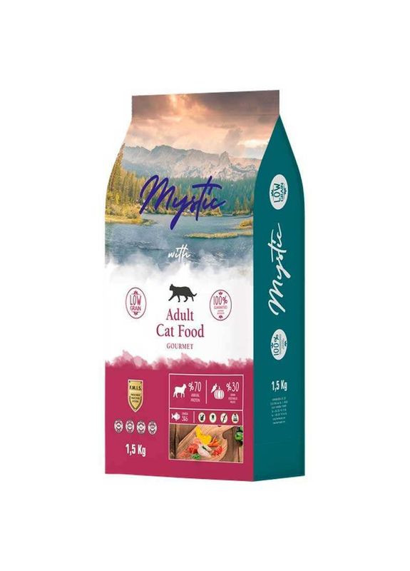 Низкозерновой сухой корм с курицей, ягненком и рыбой для взрослых привередливых кошек Adult Cat Food Gourmet 1,5 кг (8681692500256) Mystic (336183619)