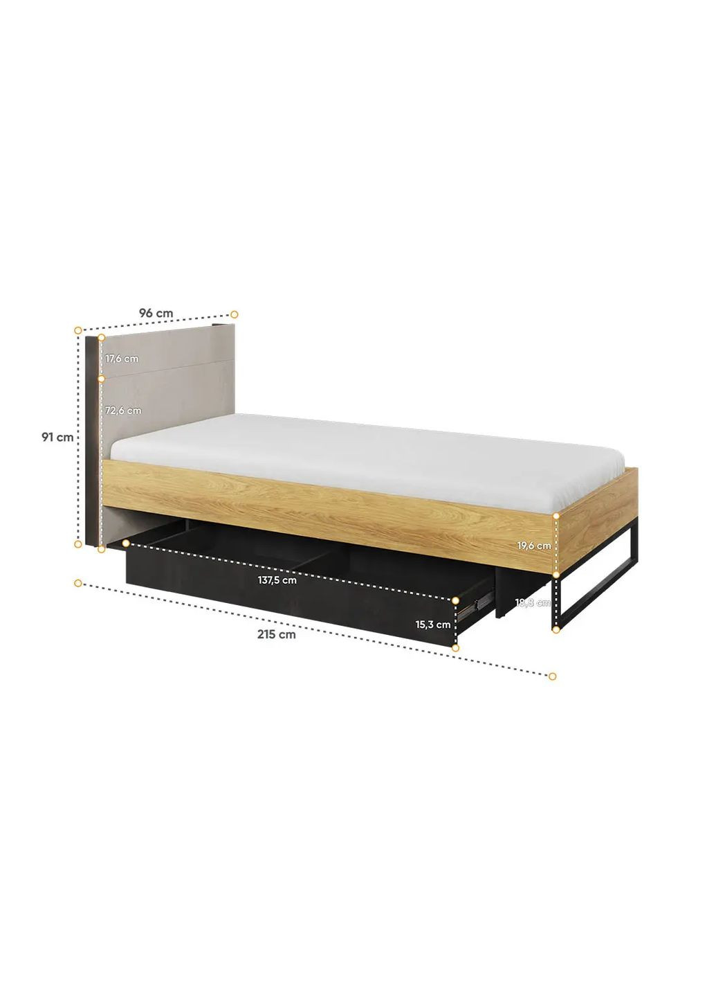 Підліткове односпальне ліжко Тін Флекс / Teen Flex 90x200 з ящиком сірий/гікорі/чорний TF-16 (ЦБМ) LENART (347324673)