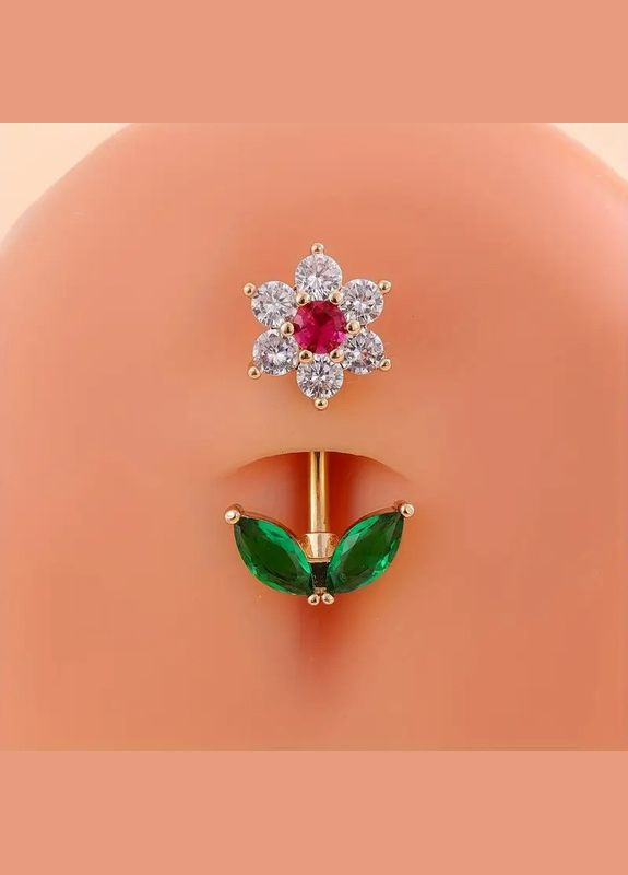 Серебристая серьга для пирсинга пупка цветок с листьями и цирконием банан Liresmina Jewelry (330128286)