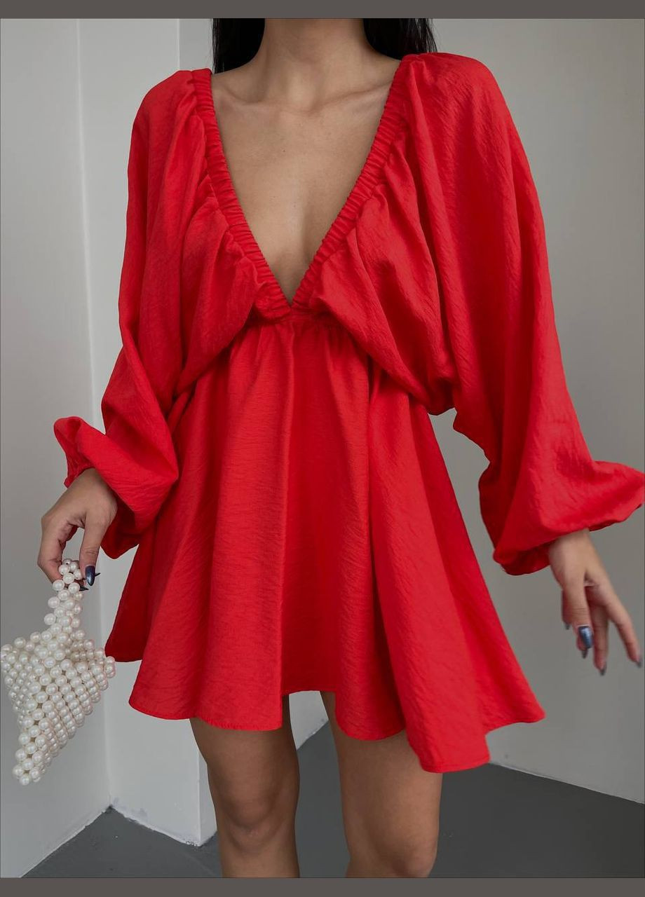 Червона якісна oversize сукня з креп-жатки в красивому червоному кольорі, приємна до тіла коротка сукня з відкритим декольте No Brand