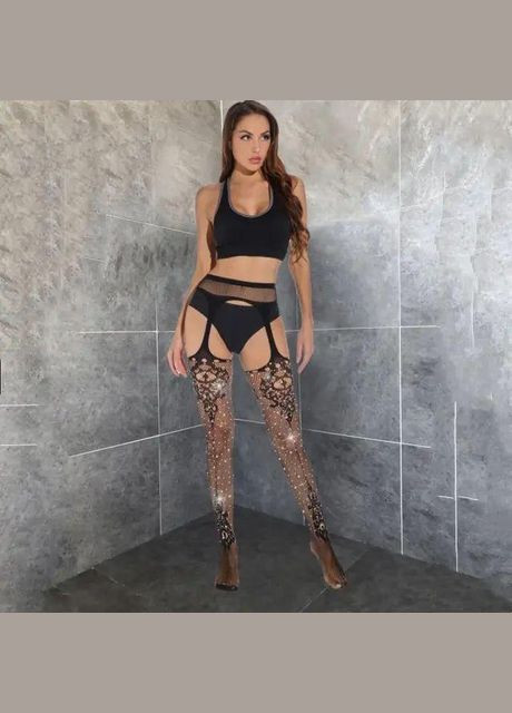 Колготки с открытым доступом в сетку на поясе с кружевом со стразами элегантный узор No Brand Колготки-панчохи з відкритим доступом в стрази чорні (346123677)