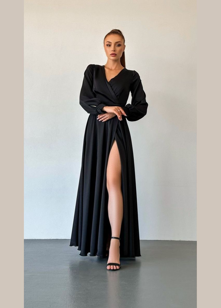Черное вечернее платье а-силуэт, на запах Annita однотонное