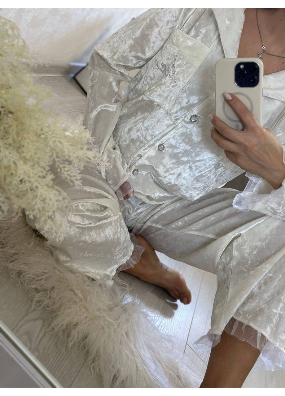 Молочная всесезон пижама из мраморного велюра — замеры в описании рубашка + брюки DK/DL Мода без кордонів