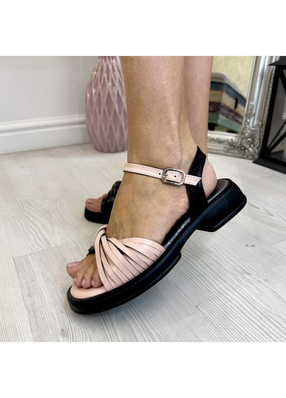 Черные босоножки женские кожаные на низком ходу, цвет пудра/. 39 размер Vasha para с ремешком