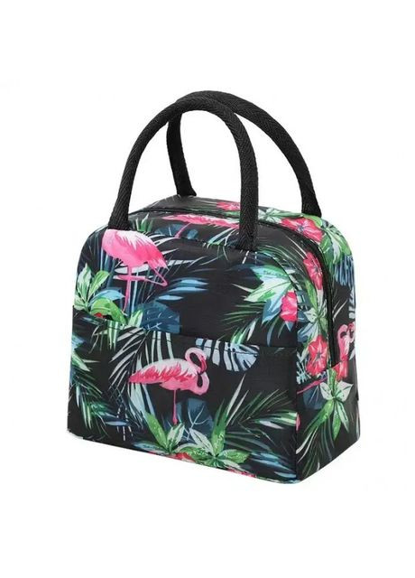 Сумка для ланча, ланч бэг Тропик Фламинго на молнии с карманом, черная No Brand (294206261)