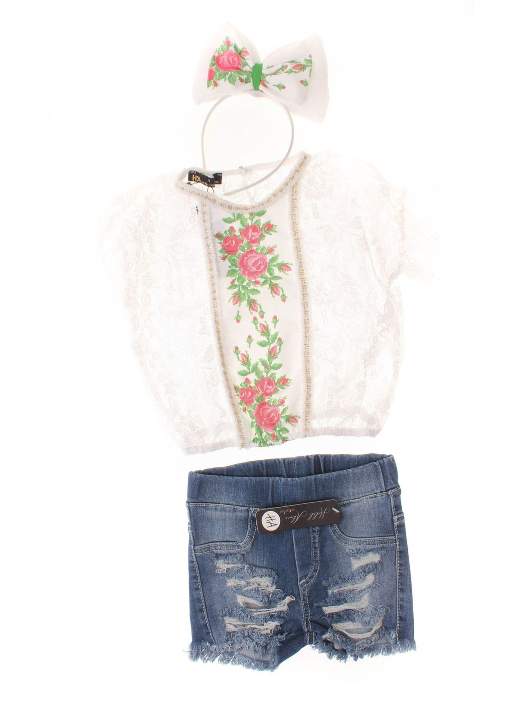 Коралловый летний футболка + шорты джинсовые + обруч 1132 и синий HA