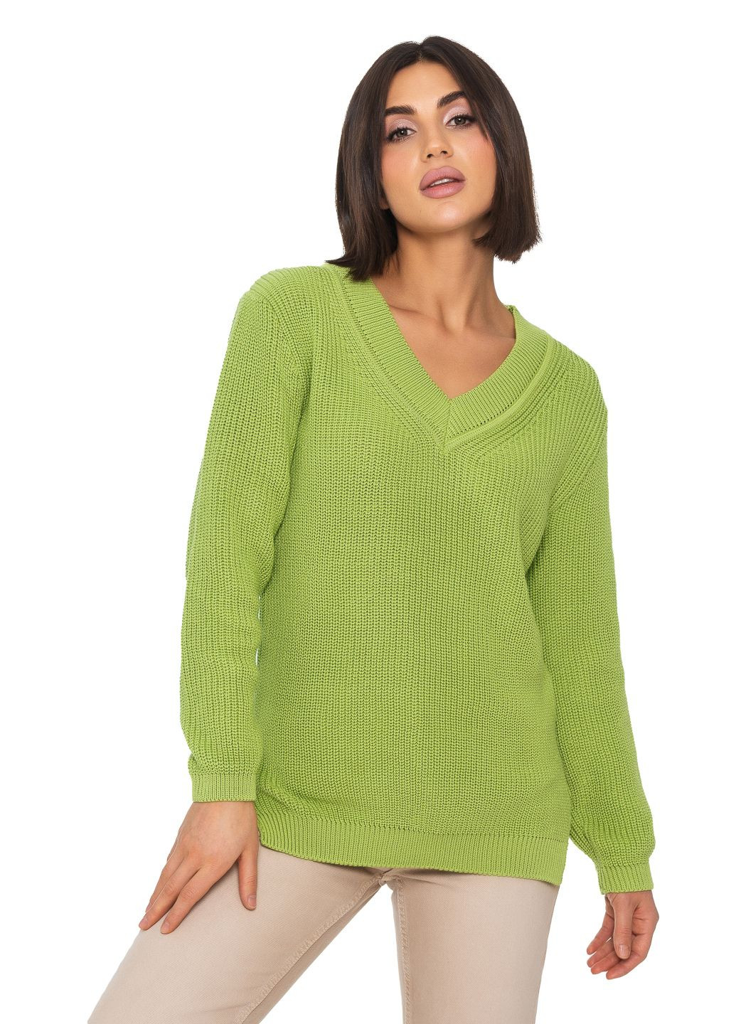 Салатовый женский хлопковый свитер с v-образным воротником SVTR
