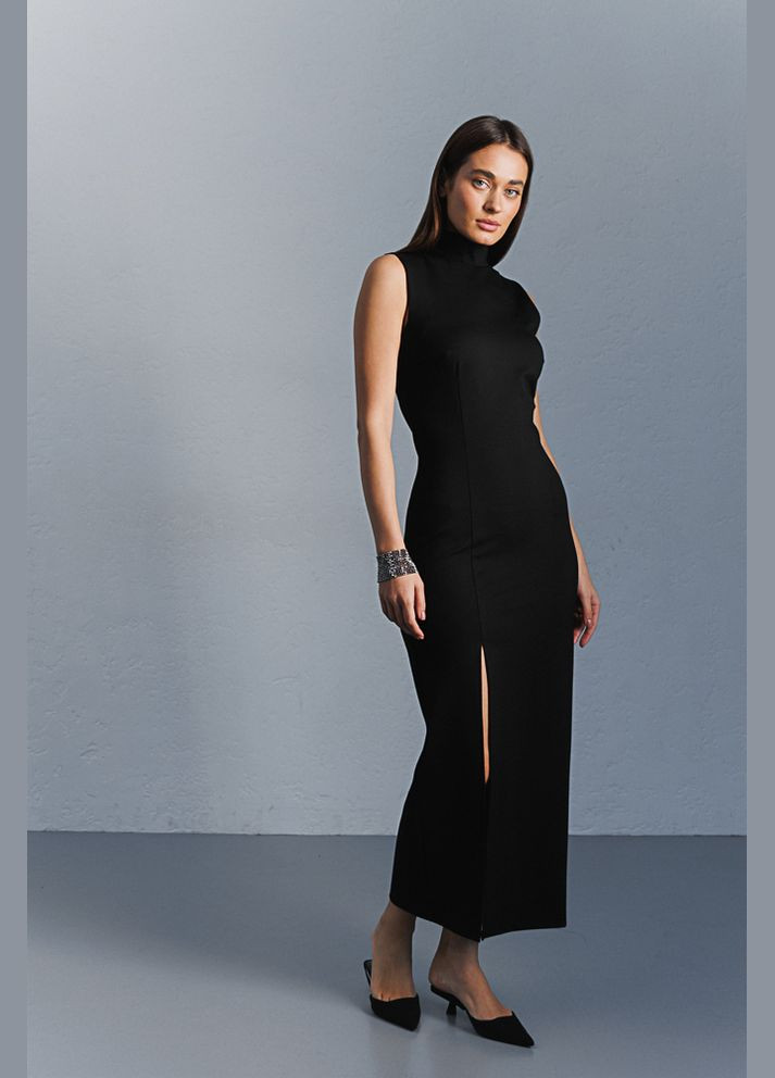 Черное длинное платье без рукавов черное с высоким разрезом на ноге Arjen