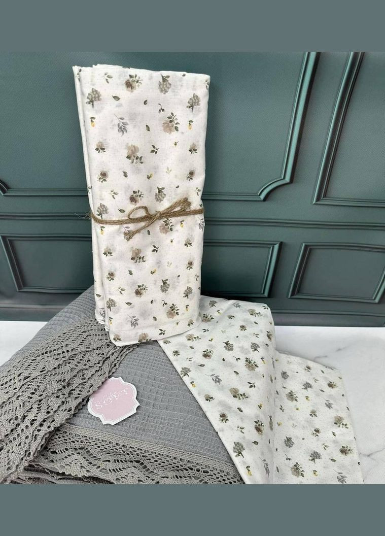 Комплект бавовняної постільної білизни ранфорс з літнім вафельним покривалом-пледом євро розмір Туреччина Сірий Sofia (279836681)