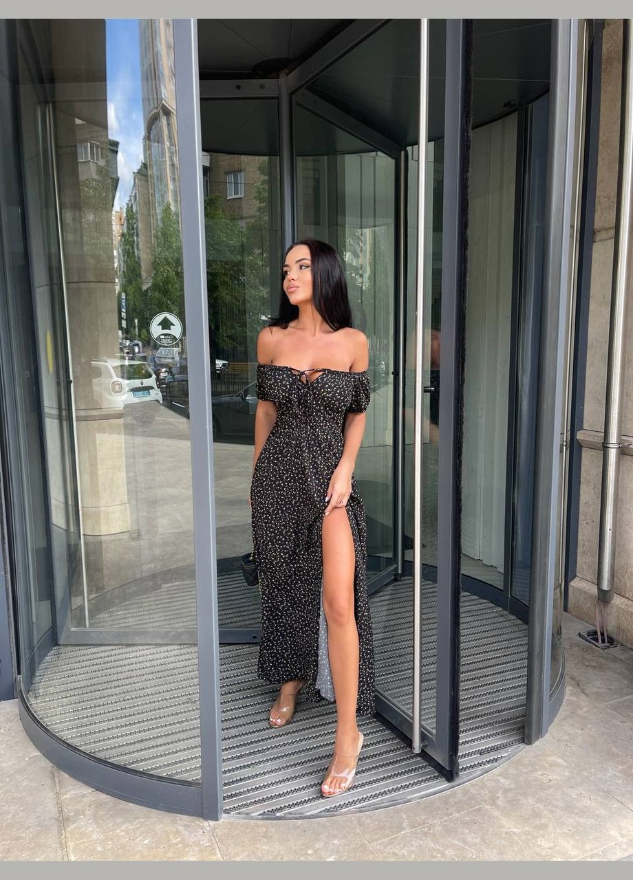 Черное повседневный женское платье No Brand с цветочным принтом