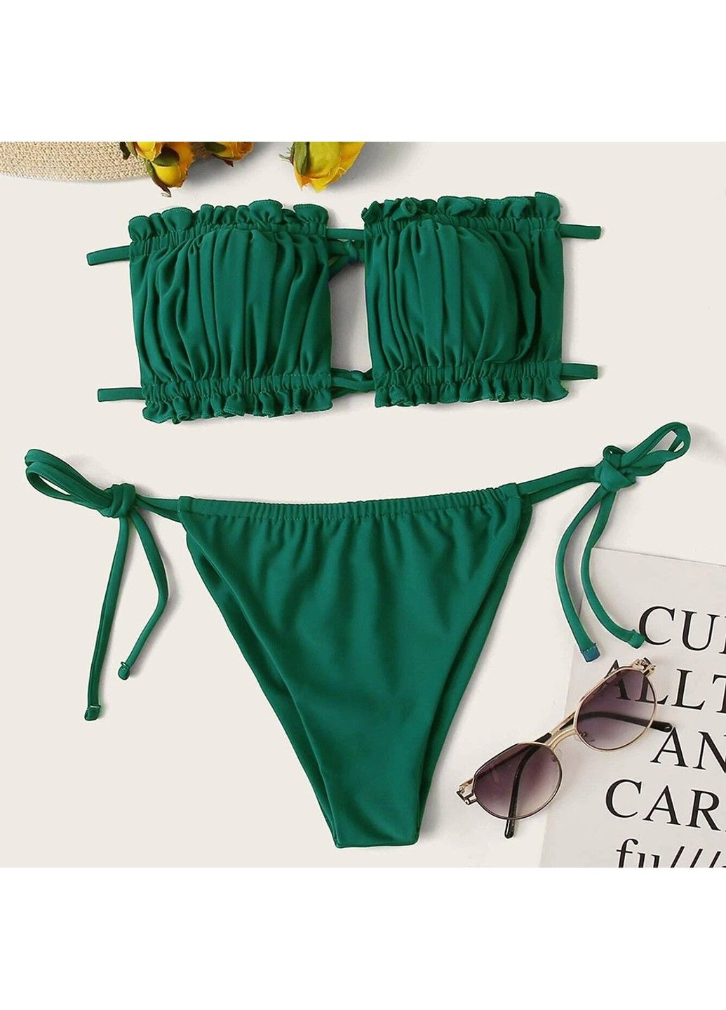 Зелений купальник роздільний шторки із зав'язками зелений (смарагдовий) No Brand
