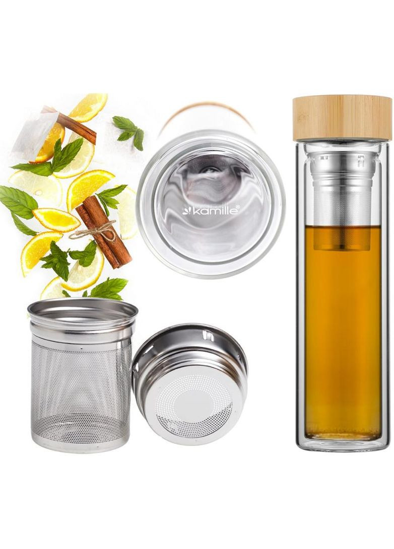 Пляшка (термо) скляна 450мл із заварником та подвійними стінками, бамбукова кришка Kamille (372174248)
