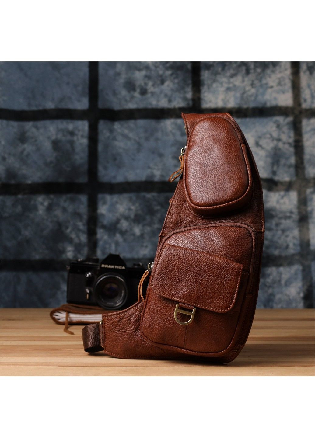 Практична чоловіча сумка через плече із зернистої натуральної шкіри 22966 Коричневий Vintage (356452208)