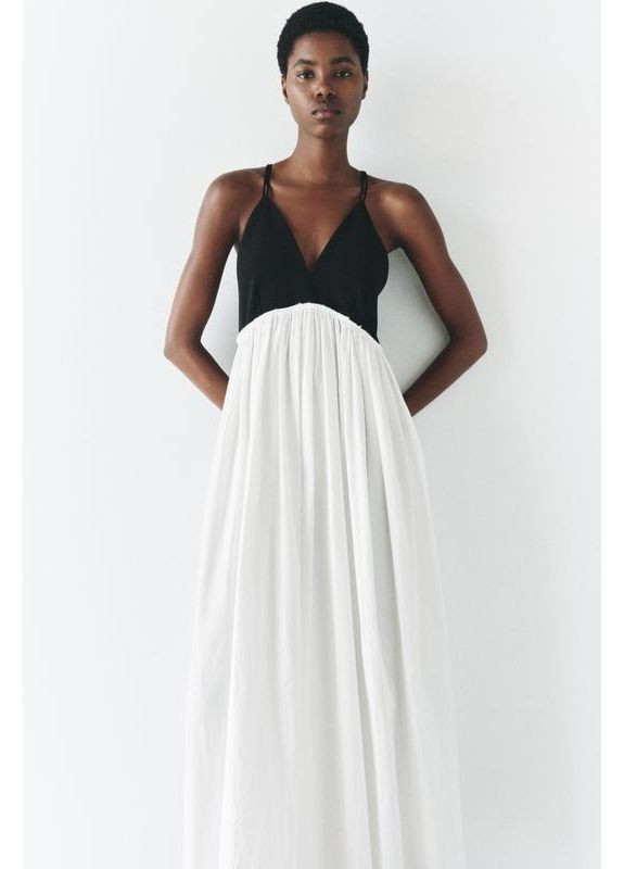 Білий сукня міді на бретелях з контрастною спідницею Zara