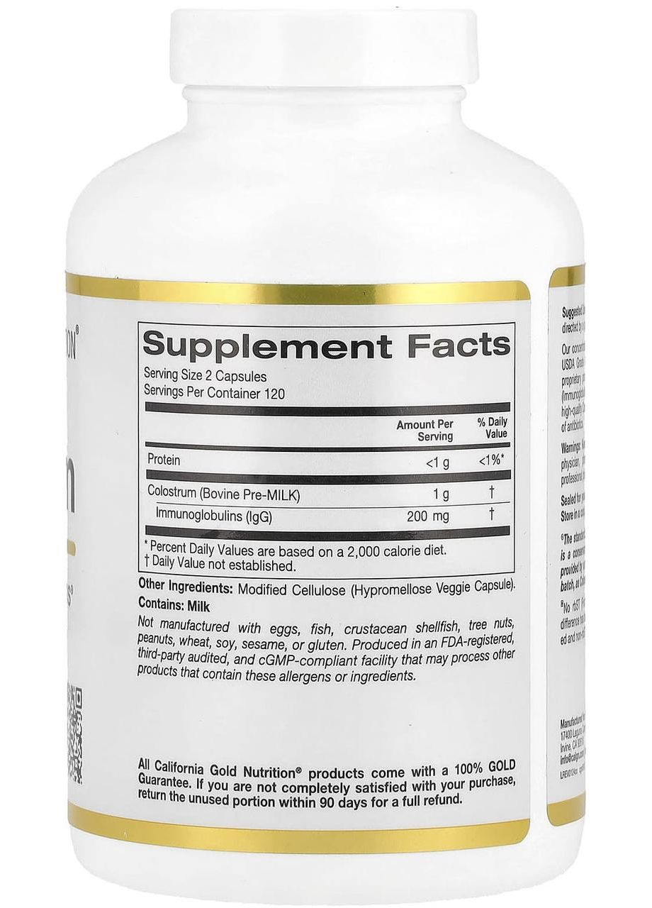 Молозиво из 20 % иммуноглобулинов IgG (Colostrum), 240 растительных капсул. California Gold Nutrition (370597663)