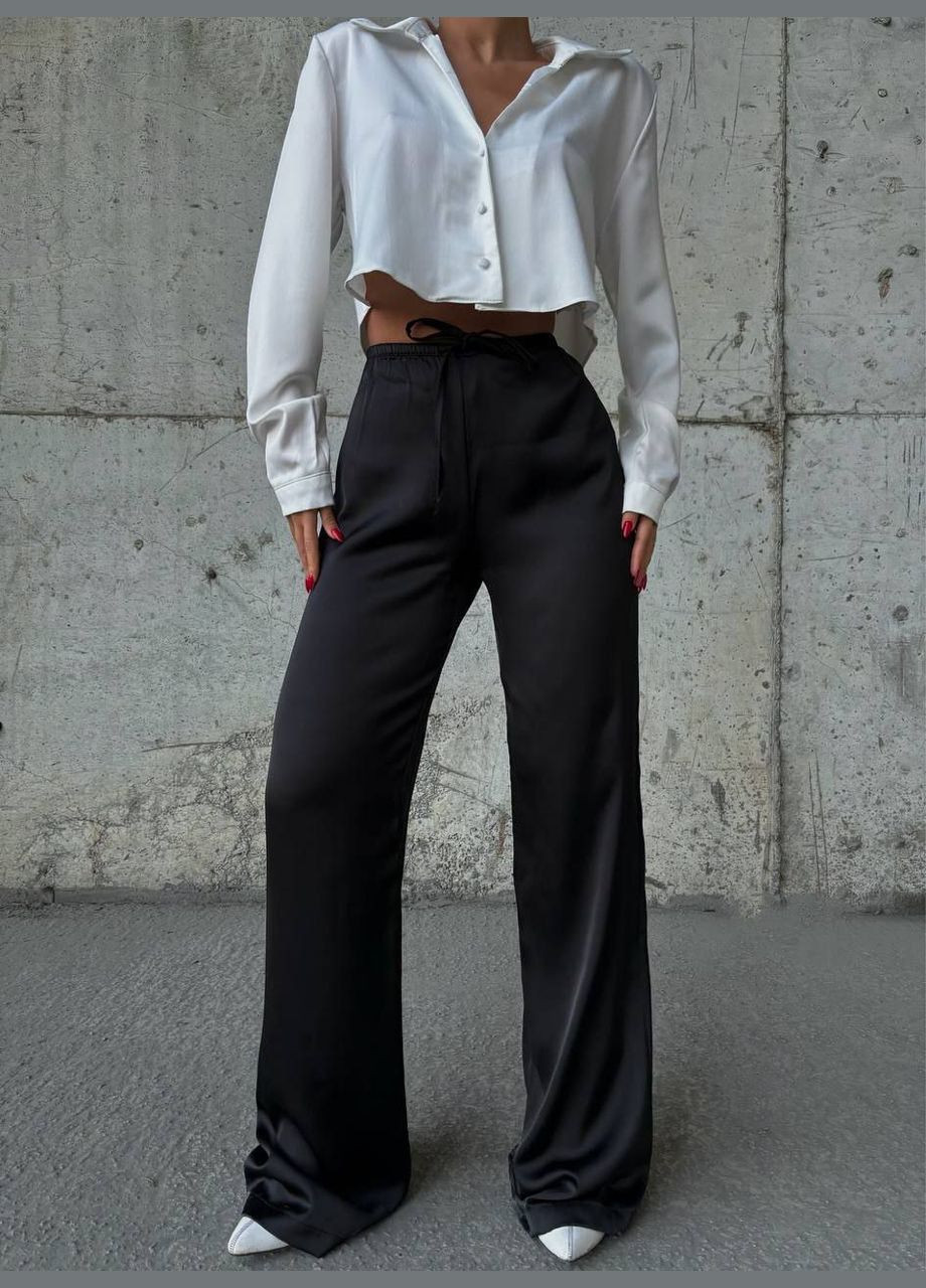 Атласні штани палаццо з високою посадкою на шнуркові чорні You Best (299629555)