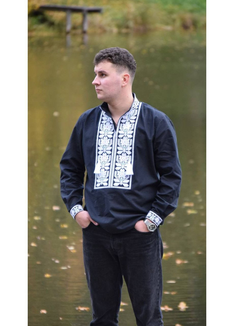 Чорна борщівська чоловіча вишиванка на чорній тканині Lelyk візерунок квітковий вільна бавовна (365783513)