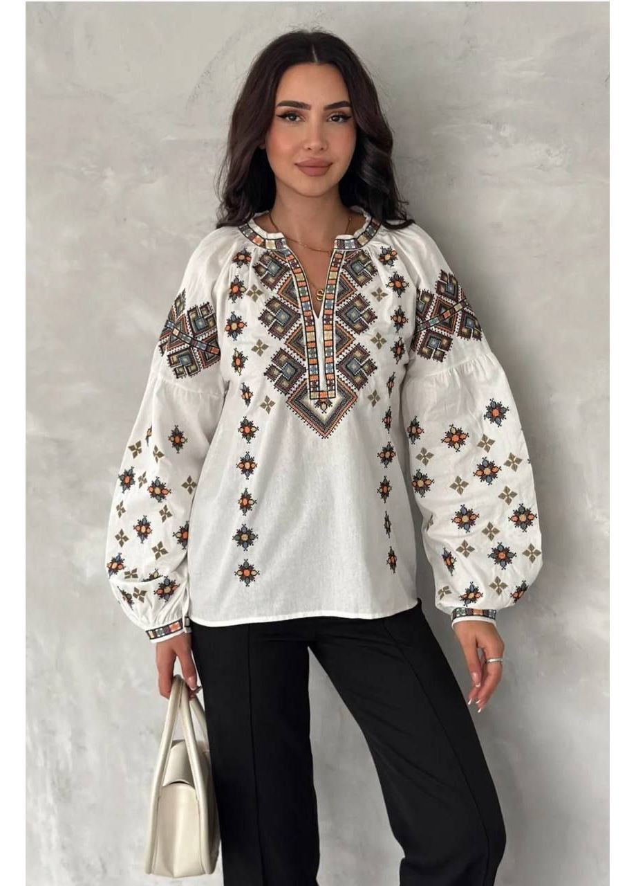 Молочная колоритная черная блуза вышиванка с геометрическим орнаментом, женская рубашка с вышивкой, этно вышитая рубашка. узор геометрический прямой, свободная хлопок, полиэстер (352189084)