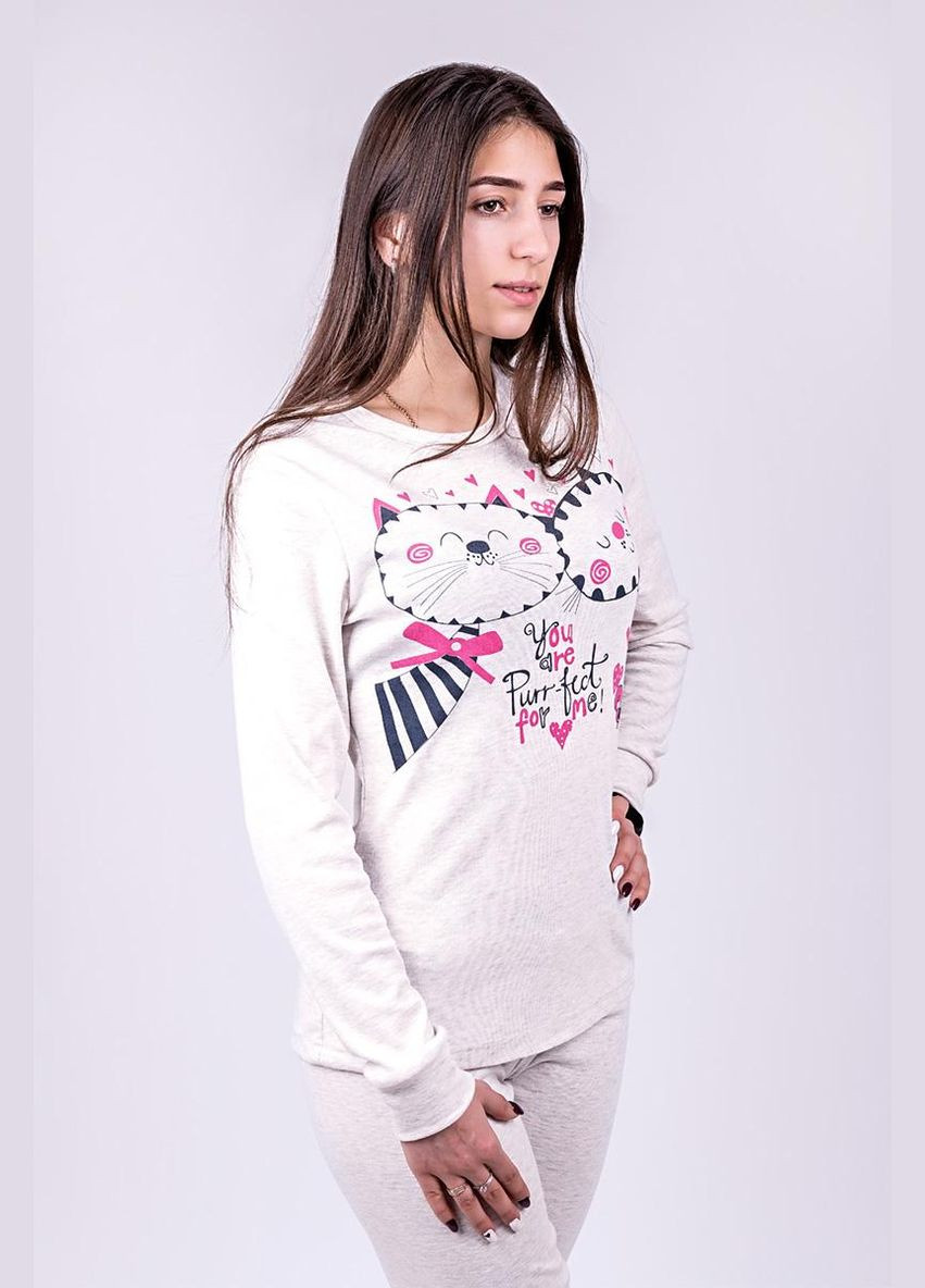 Молочна всесезон жіноча піжама котики (світшот+штани) рибана молочна світшот + брюки Україна