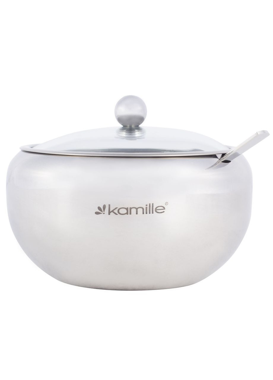 Цукорниця 560мл з нержавіючої сталі з ложечкою і скляною кришкою KM-7003 Kamille (371898228)