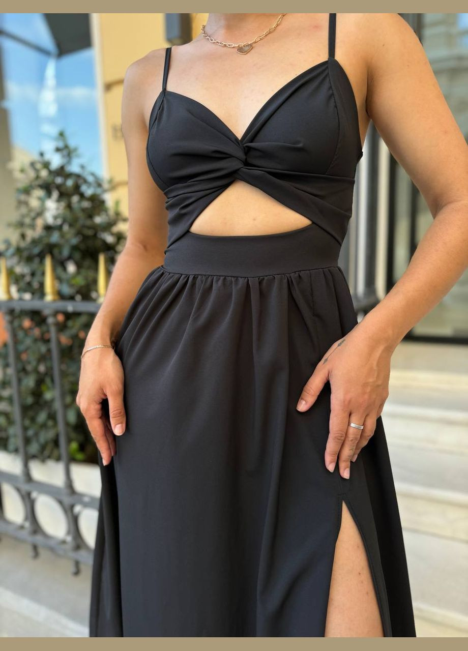 Черное красивое летнее платье без рукава с открытым декольте, свободное черное платье-миди с разрезом от бедра из качественного софта No Brand однотонное