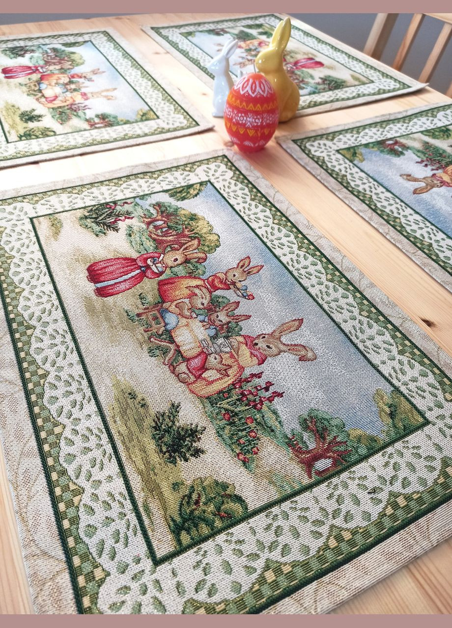 Гобеленові серветки під тарілку Великодні ланчмати з люрексовою ниткою та малюнком з "Пасхальними кроликами" 33х47 Maystat (305664940)