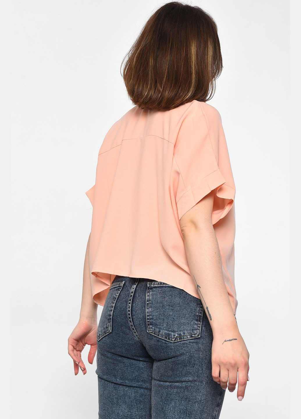 Персиковая блуза женская с коротким рукавом персикового цвета с баской Let's Shop