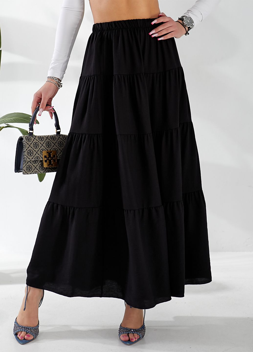 Льняна спідниця-максі кльош з воланом No Brand (332813618)