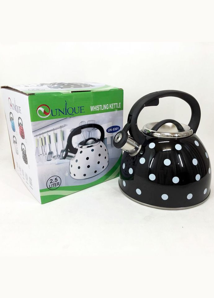 Чайник із свистком для газової плити UN-5301 2,5л горошок, гарний чайник. Колір: чорний Unique (364664042)